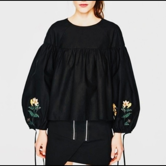 Zara Tops - Zara Trafaluc Collection black babydoll long puffy embroidered sleeves